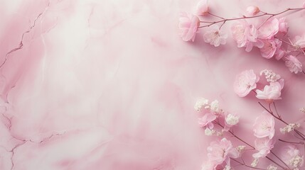 Pink flowers on a pink marble background, Flowers composition, Flat lay, top view, copy space, generative ai