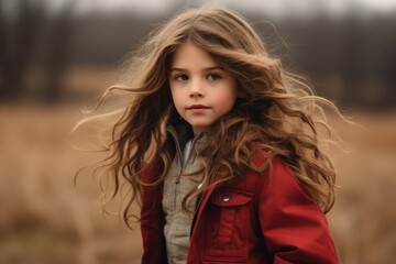 Naklejka premium portrait of a beautiful little girl in a red coat in the autumn forest