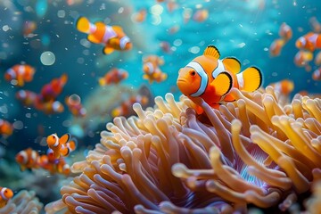 Fototapeta na wymiar Vibrant Clownfish Swimming Among Anemones in an Underwater Reef