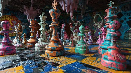 a chess setting in bright colors and figures, in the style of dystopian fantasies, detailed miniatures, cyan and amber, dc comics, womancore, golden palette, photorealistic detail 