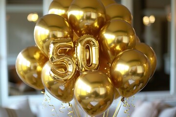 "50" gold helium foil balloons with a bunch of gold balloons