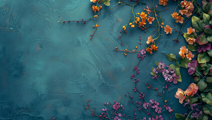 flowers and vines in a corner of a blue background ba - obrazy, fototapety, plakaty