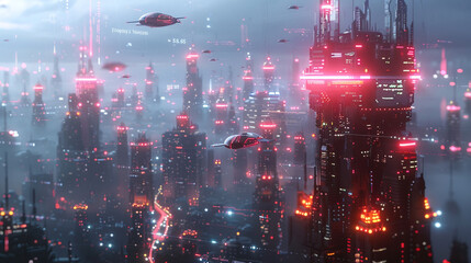A futuristic scene of a smart city powered by 5G technology. The city has flying cars, drones, holograms, and robots. 