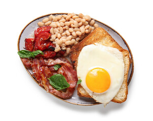 Plate of tasty English breakfast with fried egg on white background