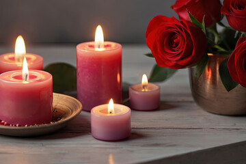 Fototapeta na wymiar Create a romantic atmosphere with burning candles and flowers. Perfect for expressing love and Valentine's Day banners.