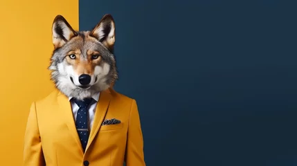 Deurstickers Anthropomorphic wolf in formal suit at corporate workplace, studio shot with copy space © Ilja