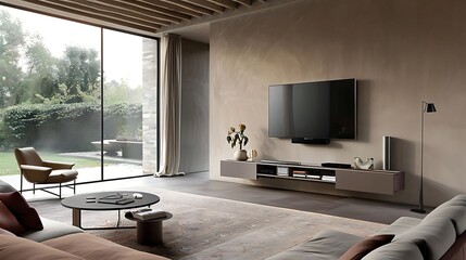 A minimalist living room with Scandinavian style wall mounted TV unit for a streamlined look