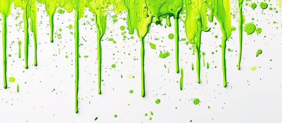 Fototapeta premium A group of green paint splattered on a white wall creates a playful burst of color and artistic contrast. The vibrant lime green drips stand out against the crisp white background.