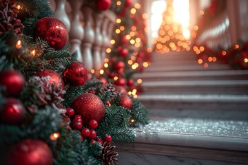 hyper realistic,table decorated with Red and green garland wrapped around a staircase railing,