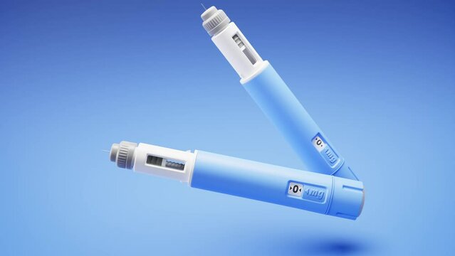 Two injectors / dosing pens  for subcutaneous injection of antidiabetic medication or anti-obesity medication hovering and turning  over a blue background. Zoom out