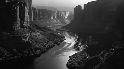 A river among the mountains, black and white image