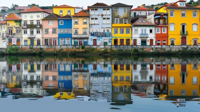 Colorful houses that are reflected in the water of a lake