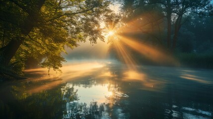 beautiful lake with fog in a sunrise with the sun in the background