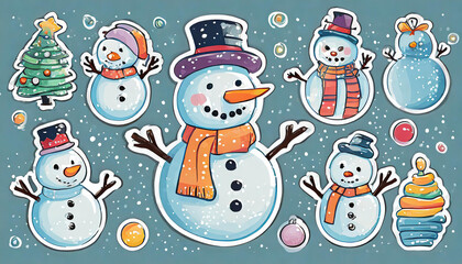 hand drawing cartoon snowman sticker set. cute drawing winter element for sticker, icon