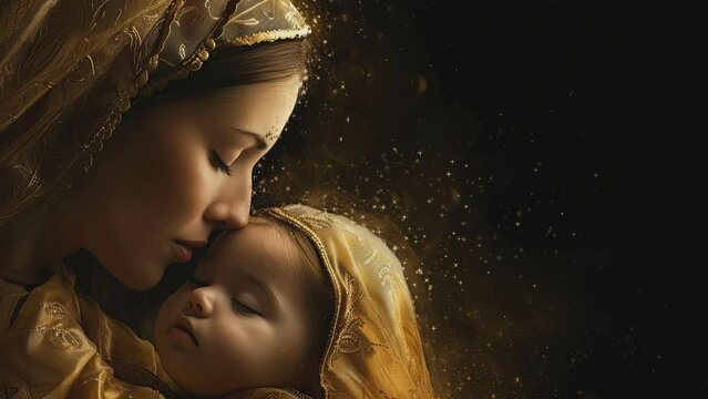 A woman is holding a baby in her arms. The baby is sleeping and the woman is kissing the baby's forehead. Concept of love and tenderness between the mother and child