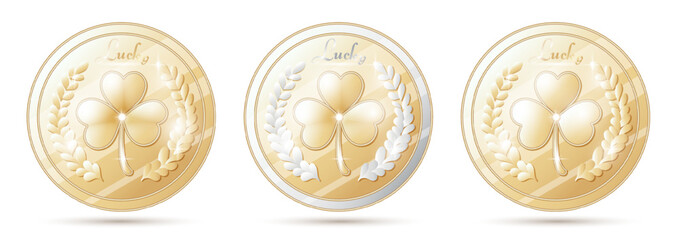 Gold good luck coin with clover leaves. Symbol of good luck, Ireland, Patrick's day, luck. Element for web design or for print. Three leaf clover golden coins. Saint Patrick's Day coins on a transpare