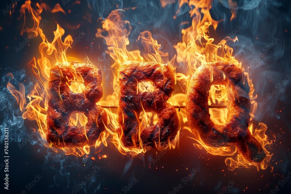 Poster word bbq spelled out in vibrant flames. the flames form each letter distinctly, creating a fiery dis