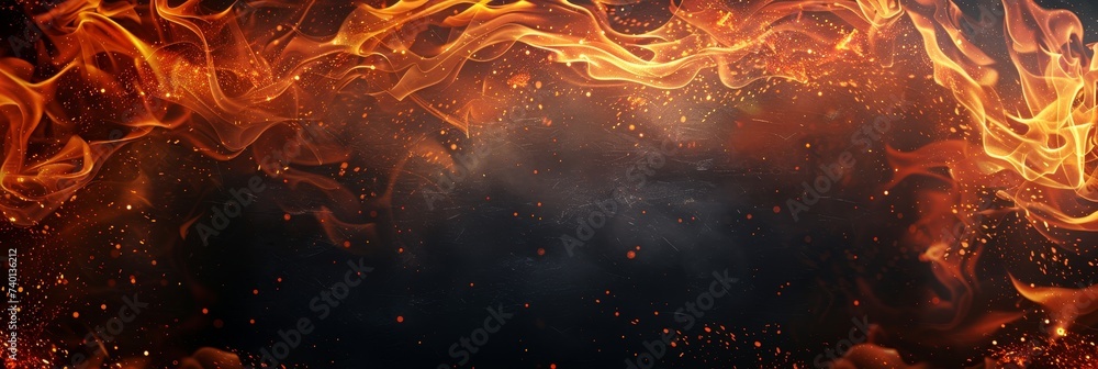 Aufkleber panoramic frame with vibrant orange and yellow flames engulfing a dark background. the flames dance 