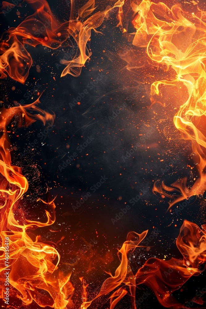Poster intense flames of a fire against a black background. the vibrant flames flicker and dance, creating 