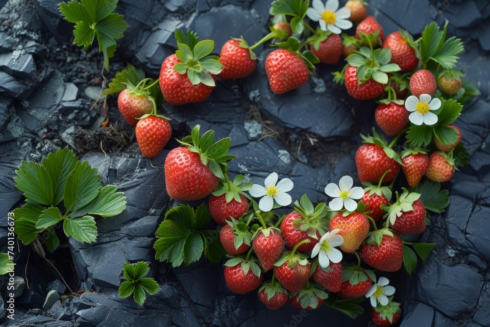 Poster Heard strawberries placed on a rough rock surface, creating an interesting contrast between the vibrant red fruits and the textured gray background