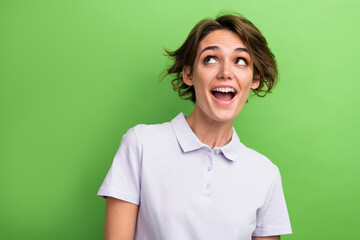 Photo of young girl surprised looking mockup offer buy new gym membership with student with...