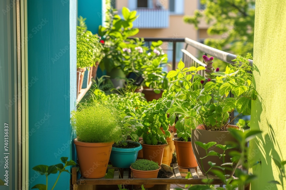 Poster A serene balcony adorned with an array of lush potted plants displayed on a rustic shelf, creating a peaceful and inviting outdoor oasis