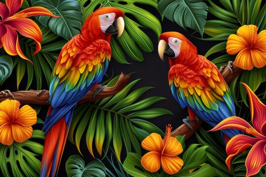 A colorful painting capturing the beauty of two parrots with striking plumage, sitting peacefully on a tree branch in a lush environment