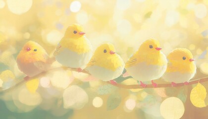 Easter springtime background with colorful eggs and cute little yellow birds. Warm colours, bokeh light, copyspace. 