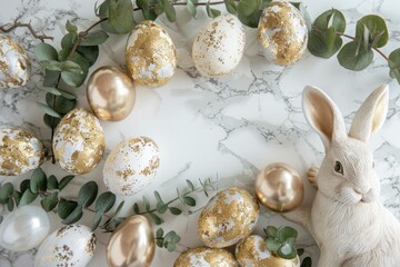 An exquisite Easter flat lay arrangement featuring luxurious Easter eggs adorned with gold, a rabbit bunny