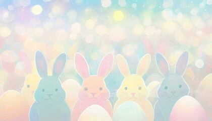 Obraz premium Easter springtime background with colorful eggs and cute little bunny rabbits. Warm colours, bokeh light, copyspace. 