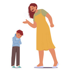 Angry Mother Character With Furious Face And Raised Voice, Towers Over Her Small Son, Who Cowers, Eyes Full Of Sorrow
