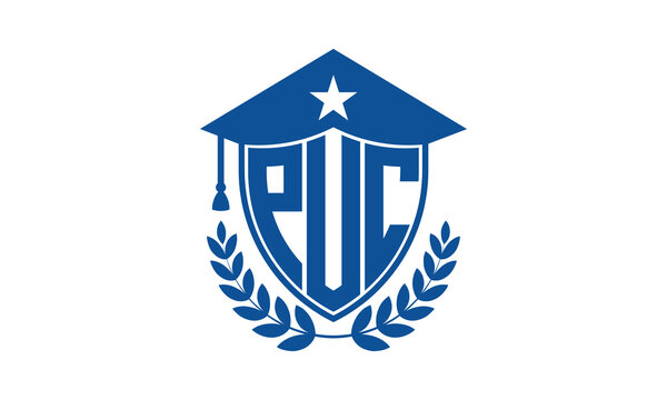 PUC three letter iconic academic logo design vector template. monogram, abstract, school, college, university, graduation cap symbol logo, shield, model, institute, educational, coaching canter, tech