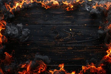 A captivating frame composed of vibrant fire and billowing smoke, set against a rustic wooden background