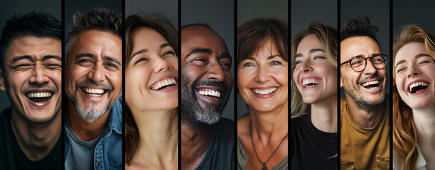 Collage of happy laughing people faces, social media banner - 740137421