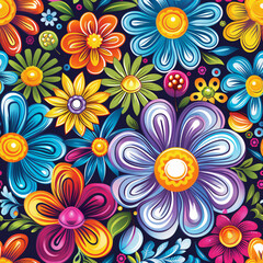 Fototapeta na wymiar Vintage Flower Seamless Pattern in Retro Hippie Style. 