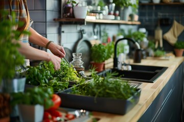  A person tending to a selection of fresh herbs growing in indoor planters on a sunny kitchen countertop, symbolizing home cooking, urban gardening, and a sustainable lifestyle.  - obrazy, fototapety, plakaty