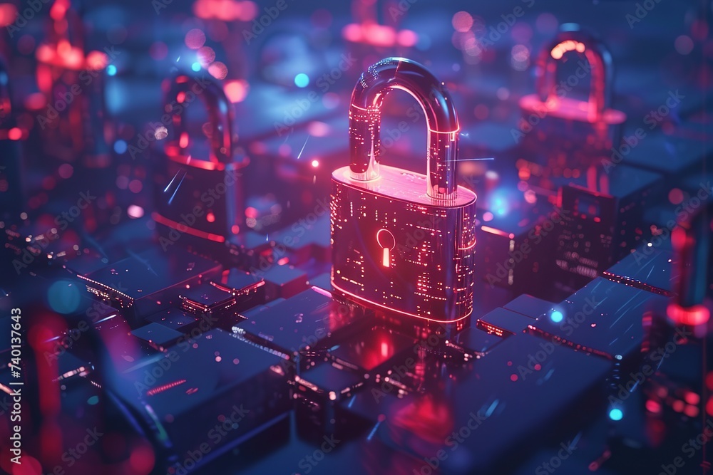 Poster technology padlock digital hologram red concept protection cyber security background . beautiful bac