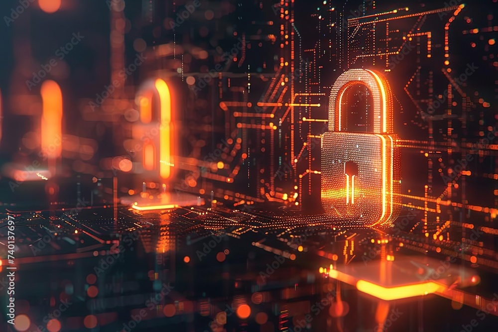 Aufkleber technology padlock digital hologram red concept protection cyber security background . beautiful bac
