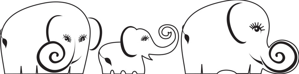 Cartoon elephant family on white background. elephants family colorless black and white abstract line drawing. Animal family outline. Continuous single line.  Songkran Festival