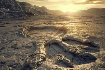 Large dinosaur footprints, stone fossils on the ground, concept of millions of years old fossils. Geological discovery, new remains discovered