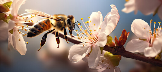 Bee collecting pollen on blurry background - obrazy, fototapety, plakaty