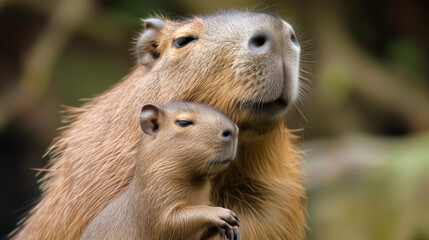 Close-up of a mother and baby capybara in the wild.