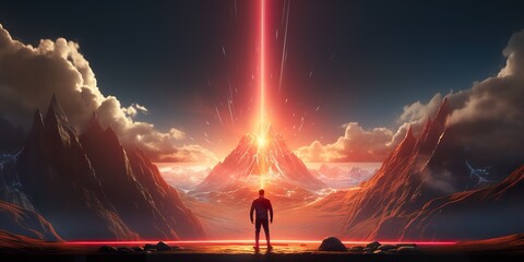 man holding award, photorealistic, close of neon, mountain exploding, laser light beam, lights streak, 3d render - Powered by Adobe