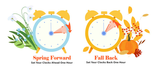 Spring Forward and Fall Back Time. Set of clocks with changing time one hour ahead for springtime and one hour back to wintertime. Concept of Daylight Saving Time Begins and End.