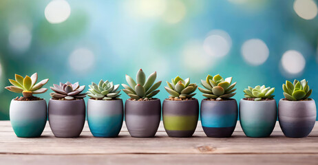 Collection of various succulent plants in different ceramic pots. Potted ornamental houseplants on wooden table against blurred green bokeh background.Generative AI