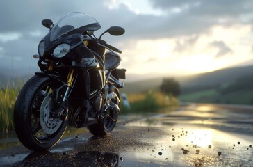 A sleek motorbike, its wheels glistening in the rain, sits parked on the wet road as the sky above is painted with a mix of clouds and the warm hues of sunset, embodying the thrill of motorcycling an