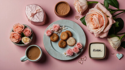 Zartes Muttertags Flatlay mit Blumen und Kaffee auf rosa Untergrund - obrazy, fototapety, plakaty