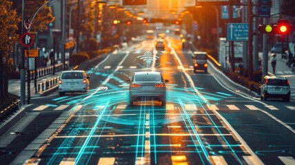 Self-driving car with futuristic interface interacting with urban infrastructure, like traffic lights and signage, for a seamless and efficient journey
