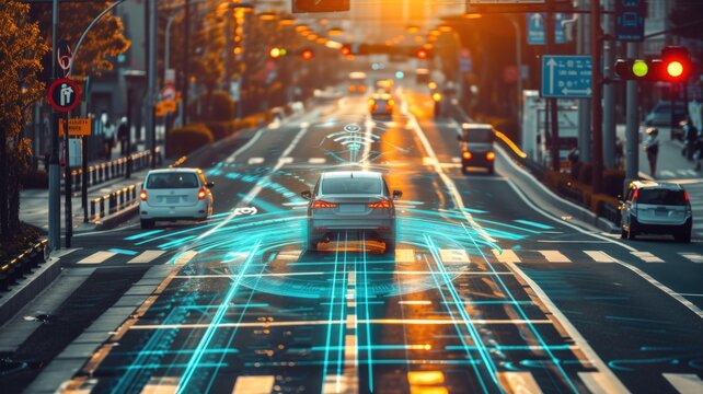 Self-driving car with futuristic interface interacting with urban infrastructure, like traffic lights and signage, for a seamless and efficient journey