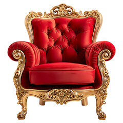 Red luxury chair decorated with gold on transparent background PNG - obrazy, fototapety, plakaty